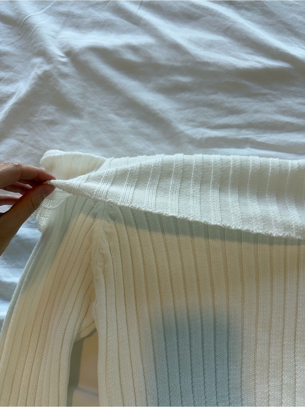 Off-Shoulder Ribbed Crop Sweater in Cream - Picture 2 of 4